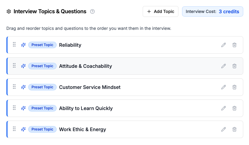 AngleHR interview configuration screen showing customizable questions and topics